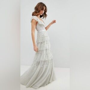 Needle & Thread Grey Tiered Embellished Tulle Gown